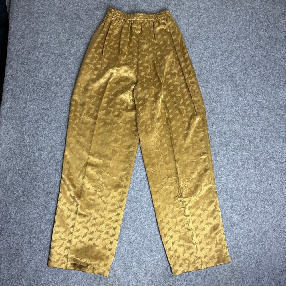 Vintage Anne Namba Size XS Gold Satin Crane Print Pants Elastic Waist - Picture 2 of 6